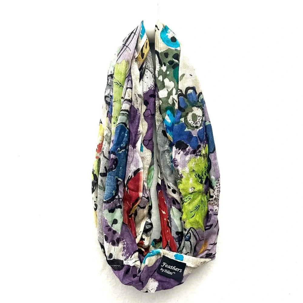 Feathers by Tolani Floral Watercolor Abstract Silk Infinity Scarf Lightweight